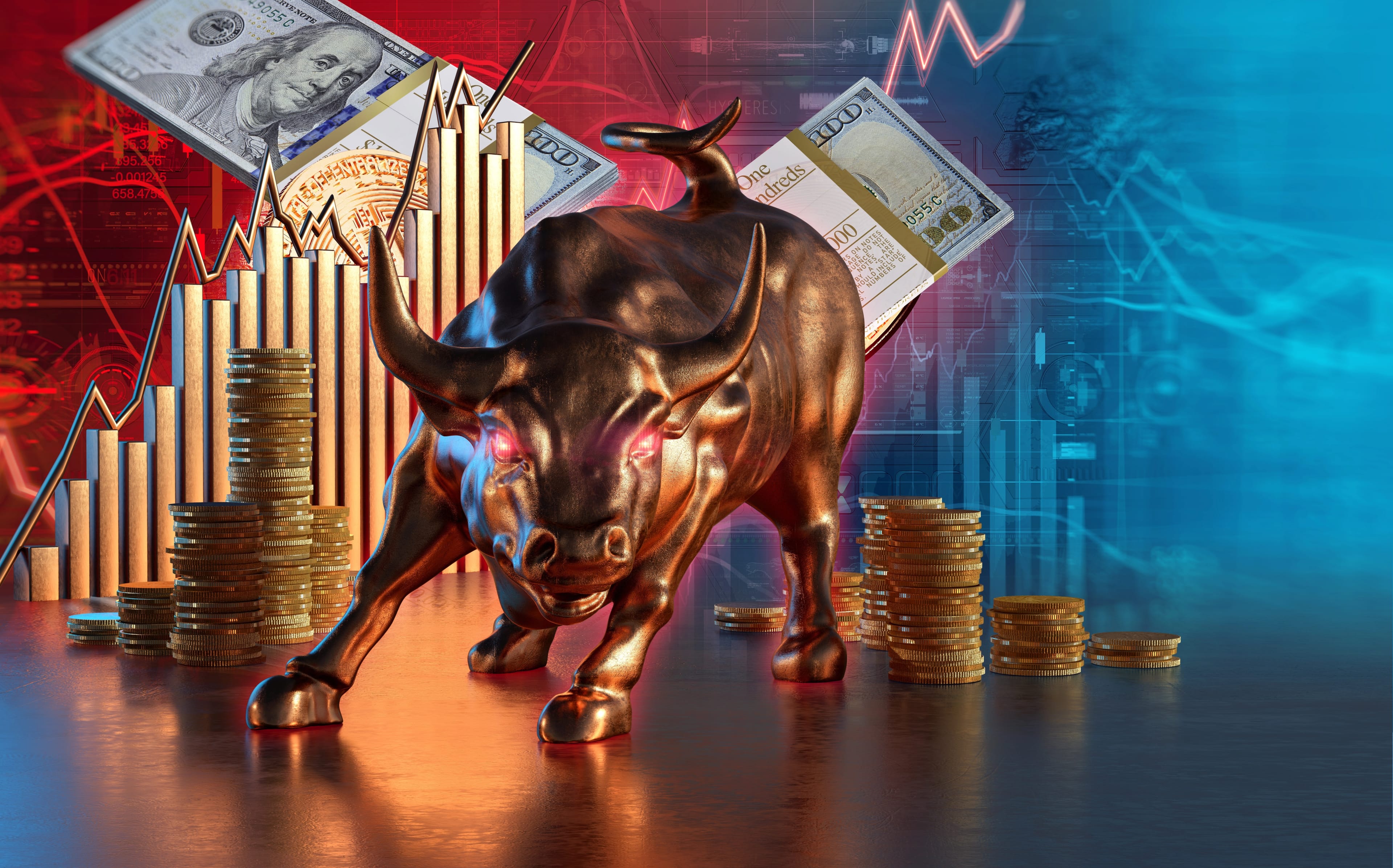 Bull,,Coins,Stack,,Financial,Business,Market,Graph,Growth,,Economic,Background.