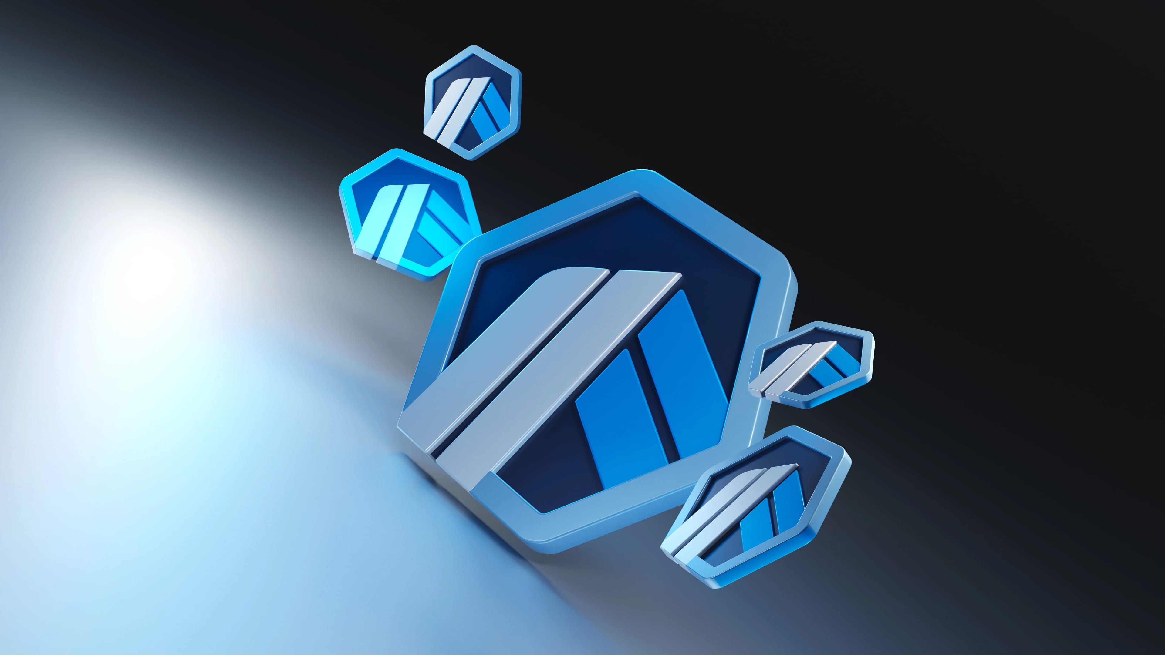 Arbitrum,Logo,And,Coins,On,Dark,Background.,3d,Render