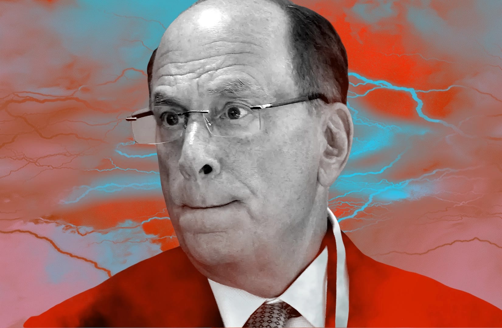 Portrait of Blackrock's Larry Fink, over a background of a stormy sky, with smoke overlay.