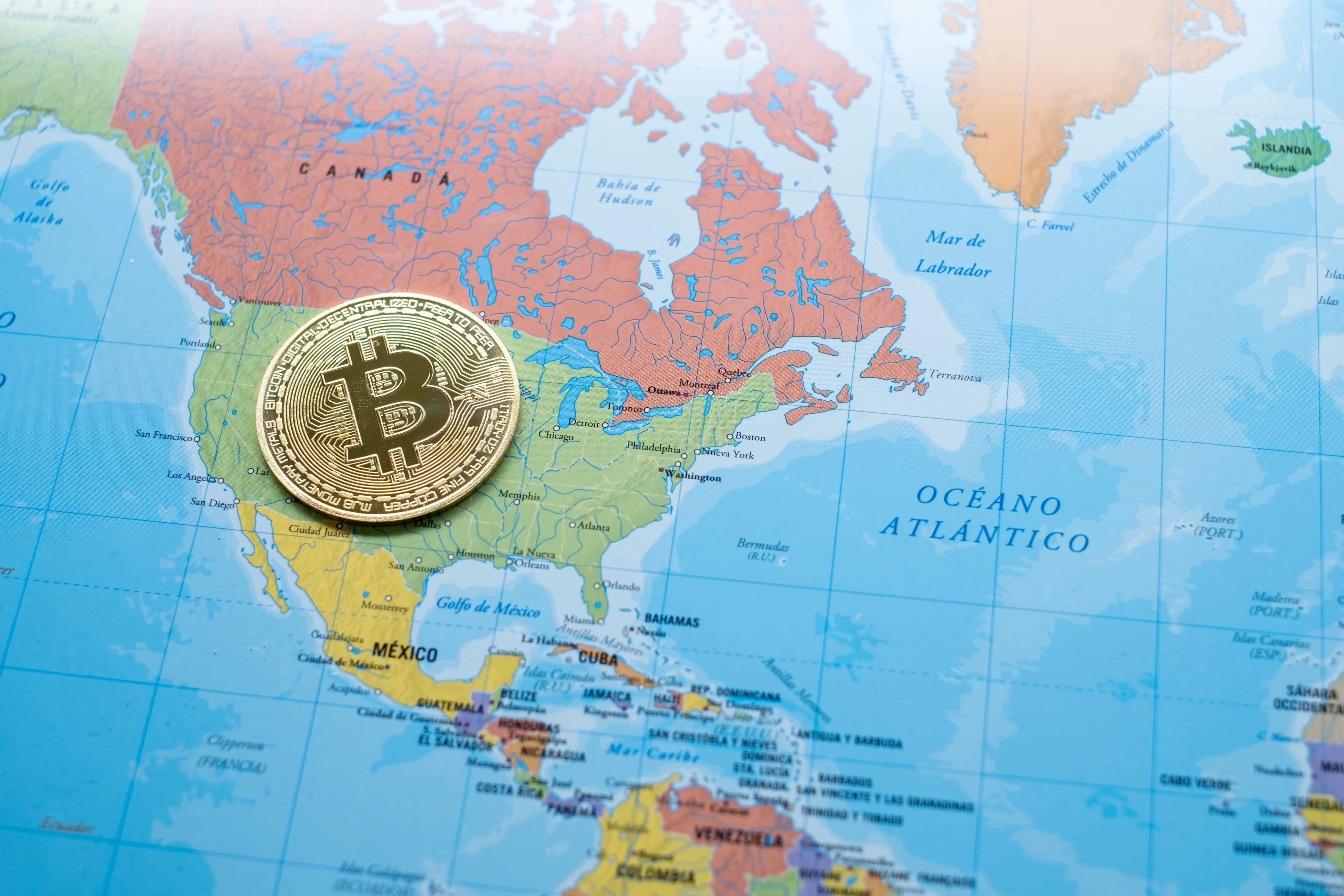 A,Bitcoin,Coin,On,A,Political,Map,Of,North,America,