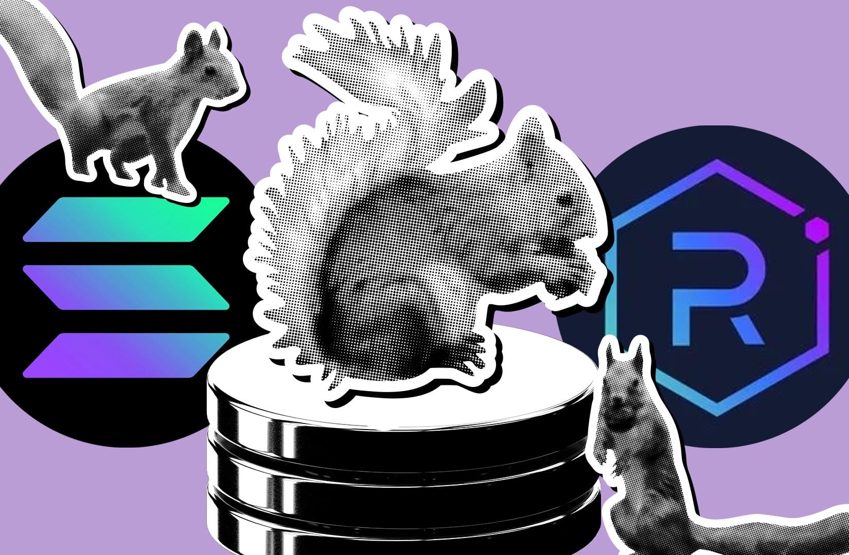 An illustration of a Squirrel on top of a pile of tokens with Solana and Raydium logos in the background.