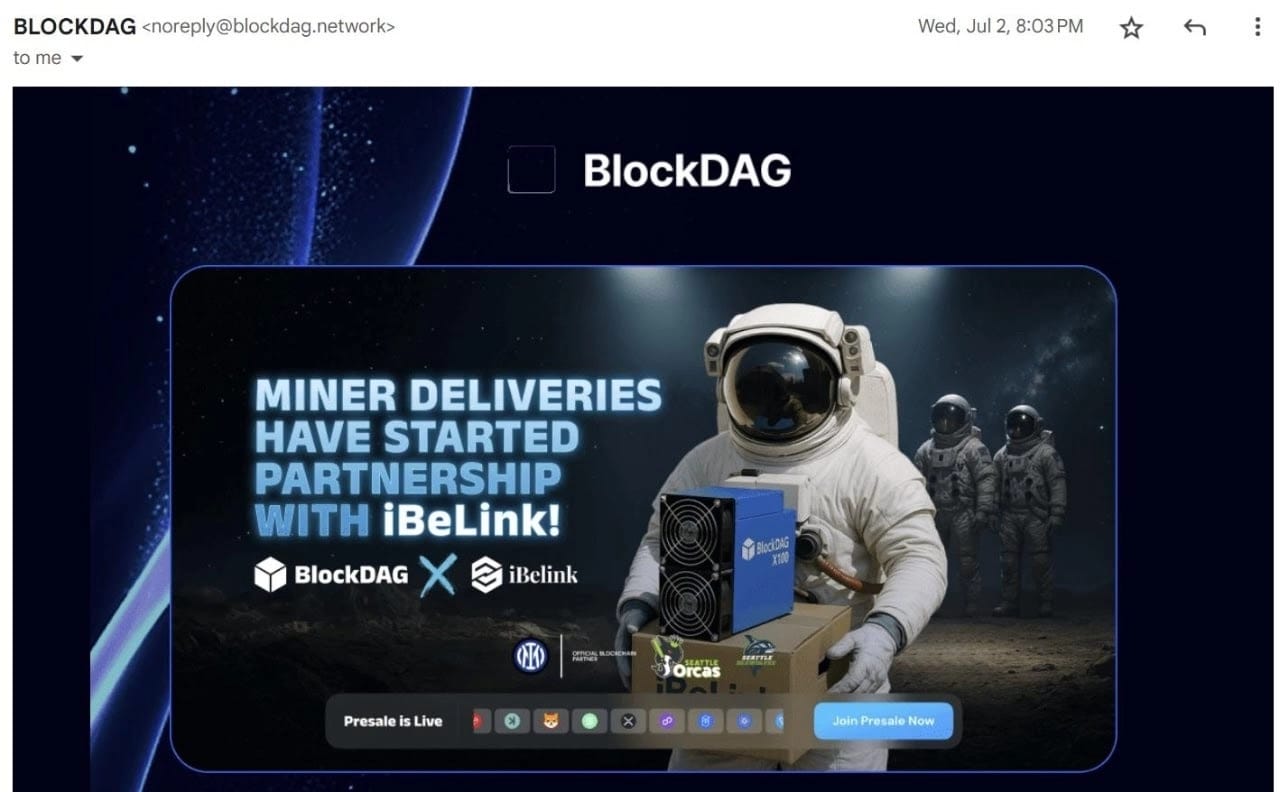 BlockDAG marketing materials from July 2025 feature Inter Milan’s logo and indications that “miner deliveries have started.” Source: BlockDAG investor email.