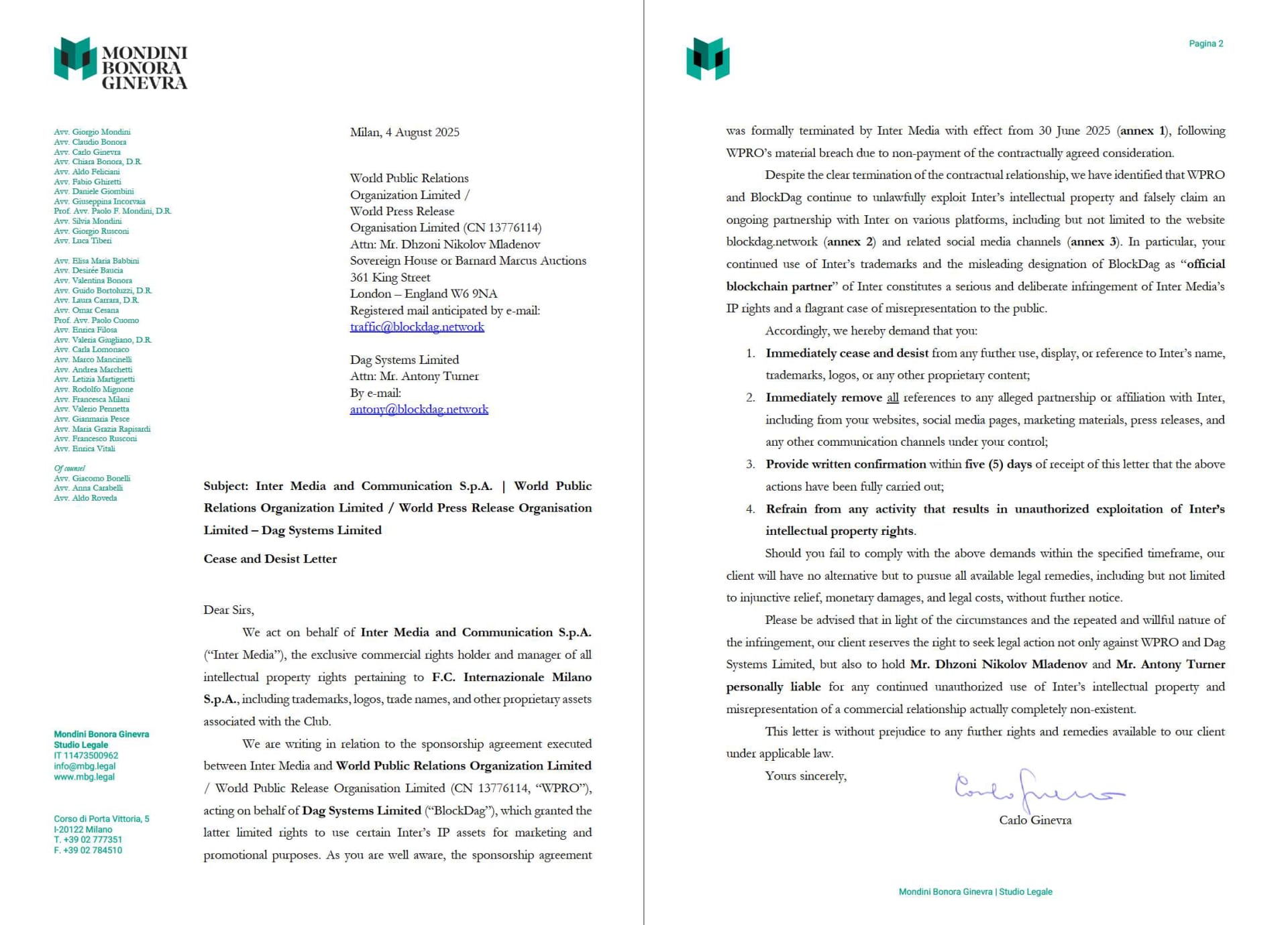 Cease-and-desist letter issued by Inter Media in August 2025. Source: BlockDAG investor.