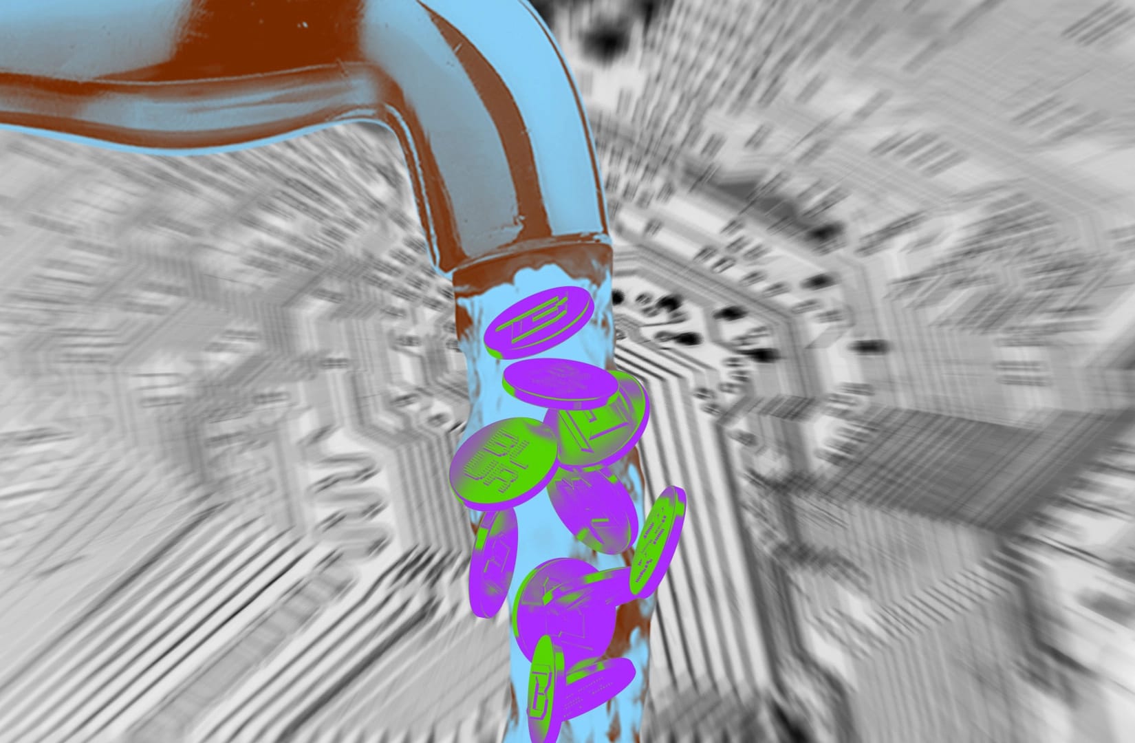 Portrait of Blast and Blur tokens pouring down a faucet.