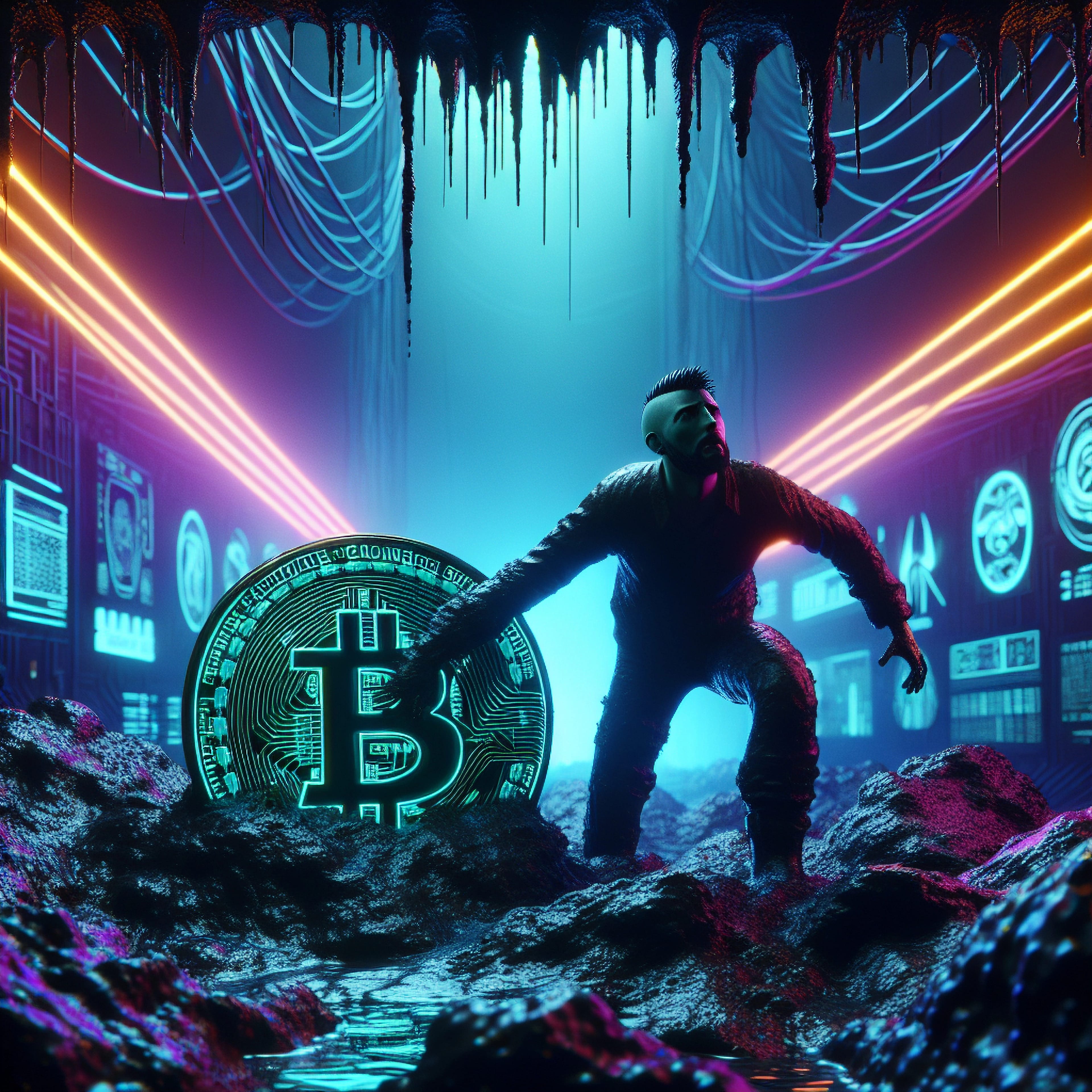 Cyberpunk,Photo,Of,Man,With,Bitcoin,Face,Struggling,To,Climb