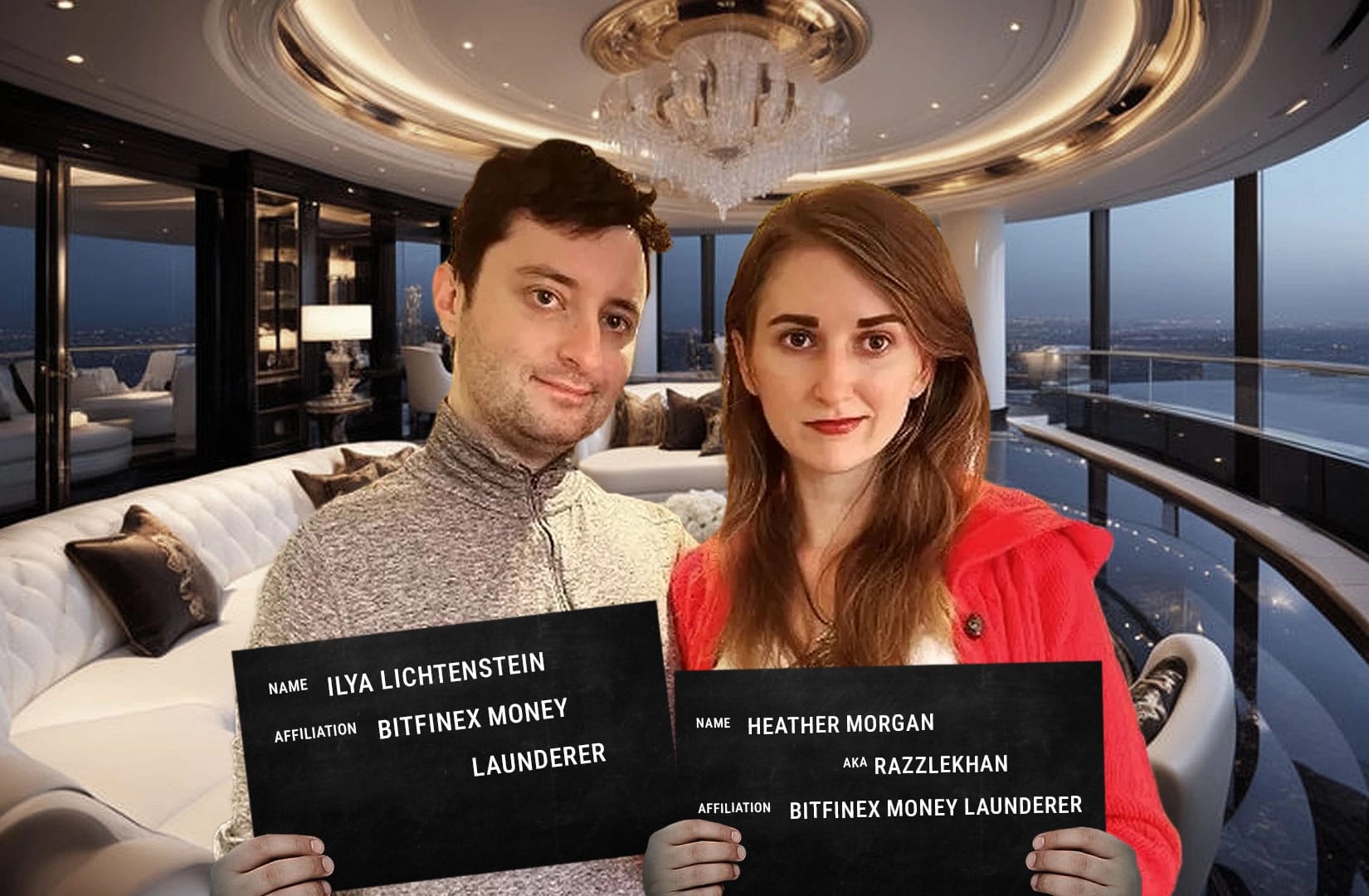 An illustration of Ilya Lichtenstein and Heather Morgan with a fancy mansion background.