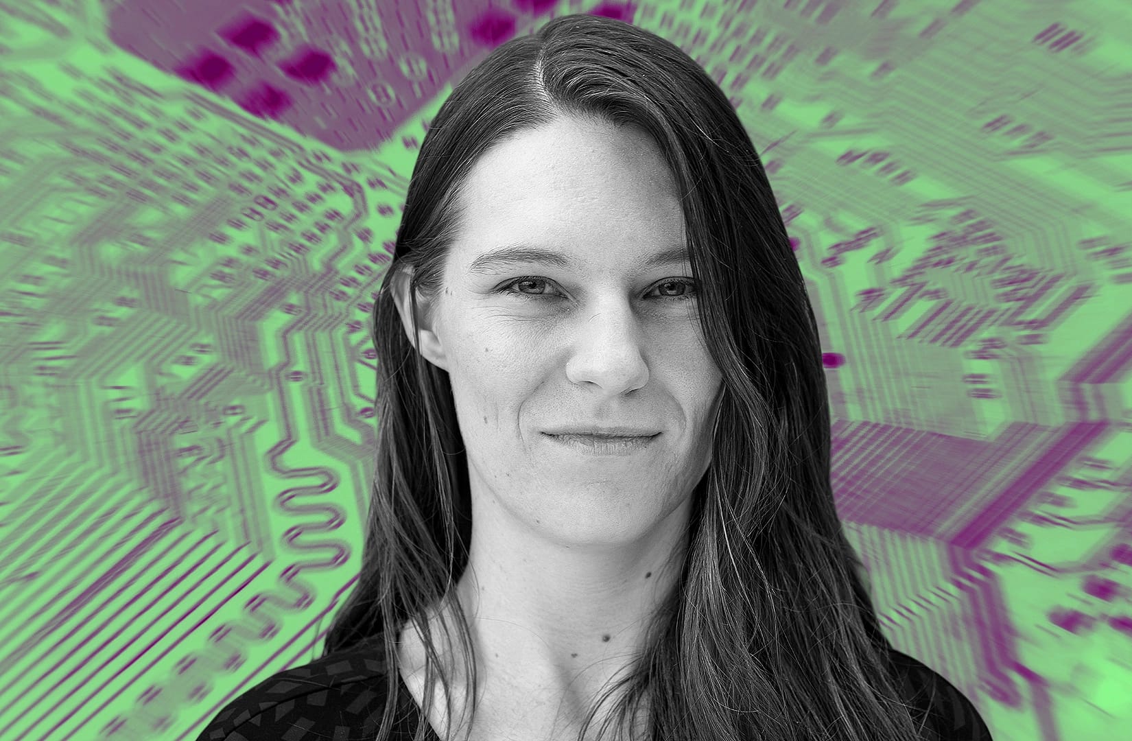 Portrait of Tara Mac Auley with a colored digital style background.