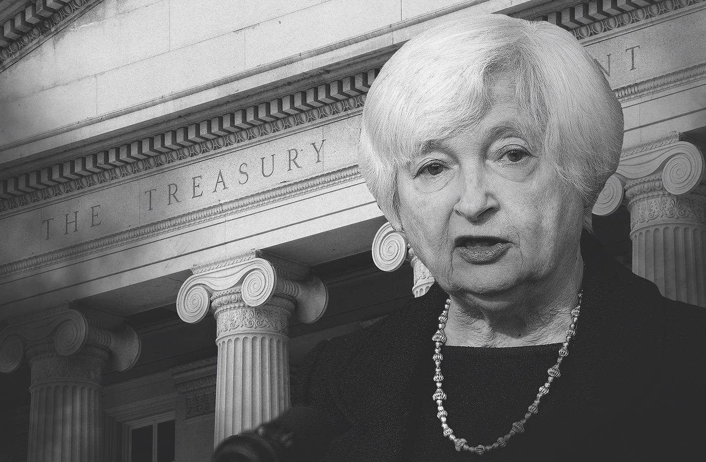 Portrait of Janet Yellen with the US Department of Treasury in the background.