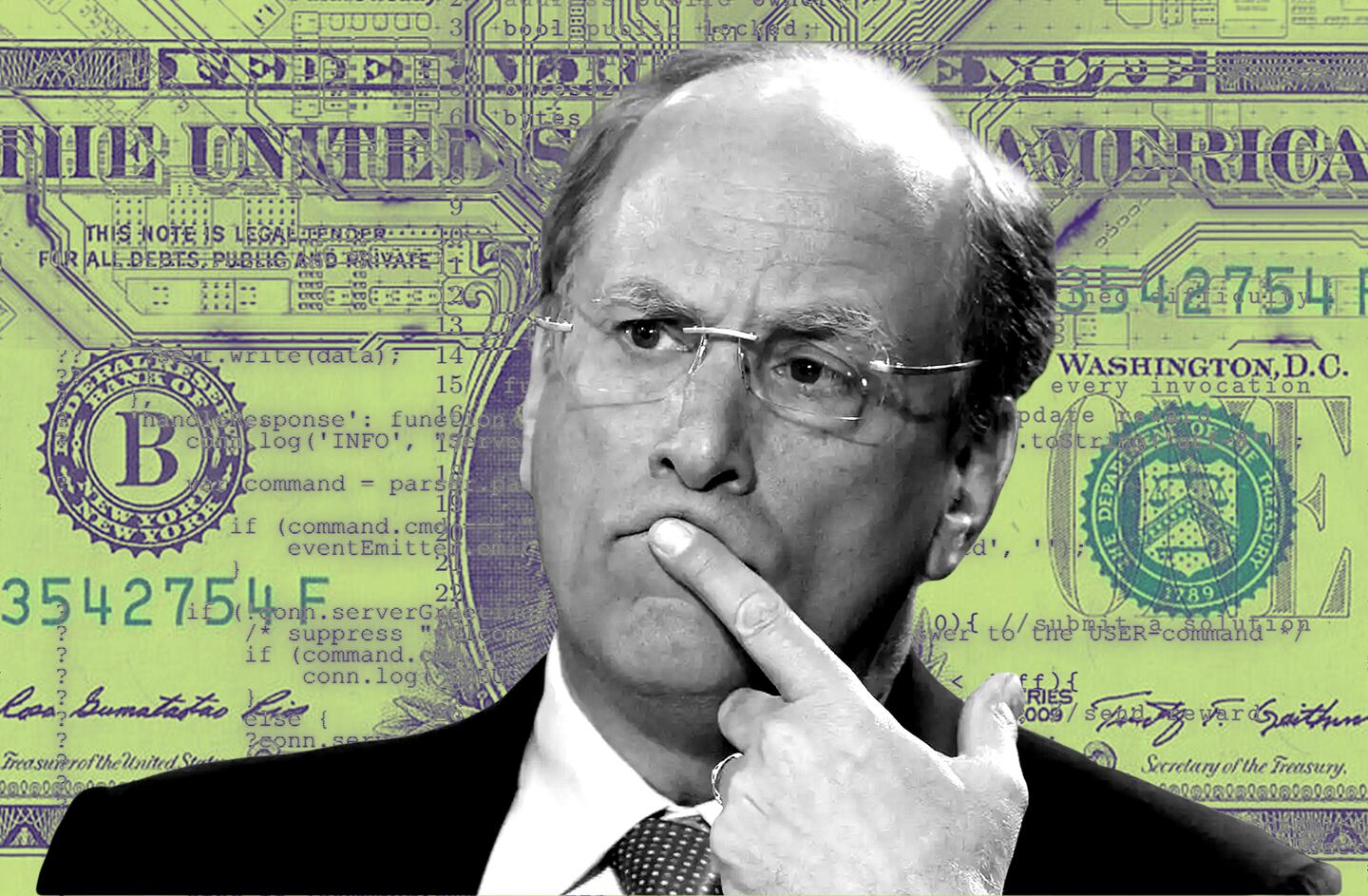 Portrait of Larry Fink over a printed circuit board and a dollar bill.