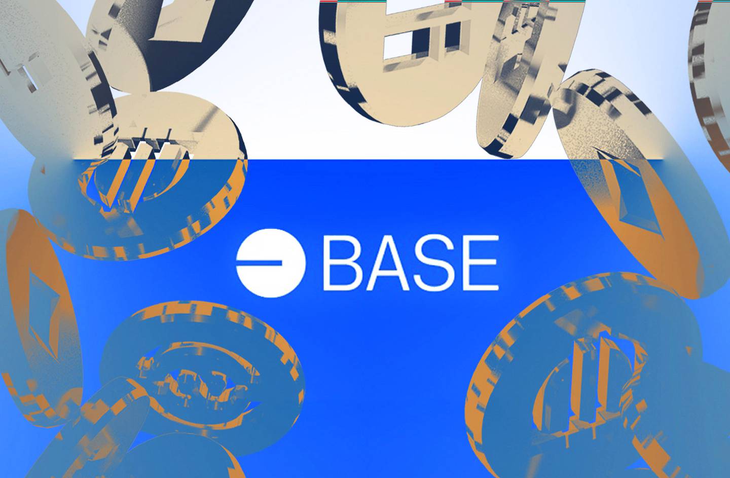 Coinbase logo as a background with coin tokens raining down the image