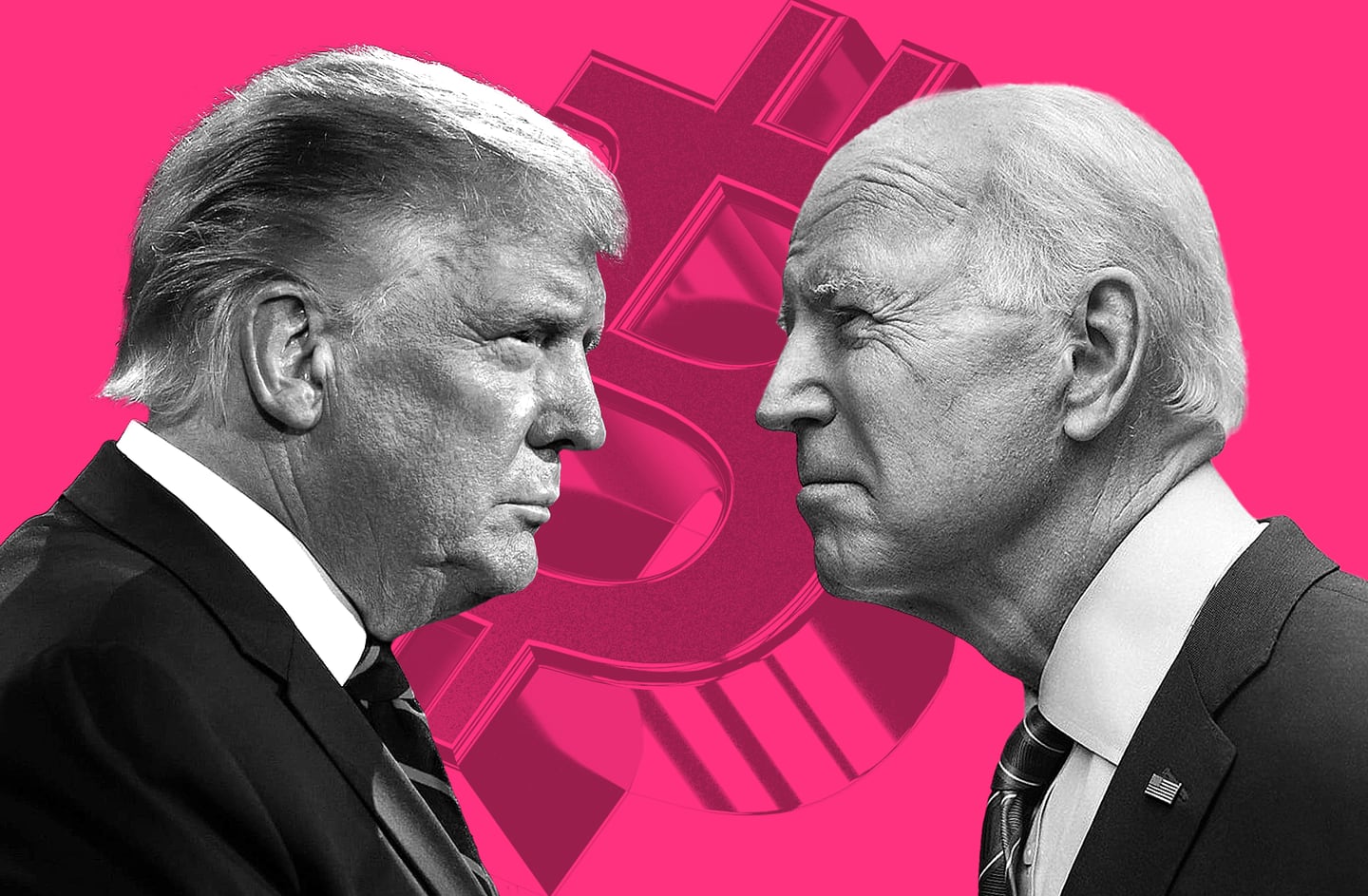 illustration of Trump and Biden facing each other with bitcoin logo behind
