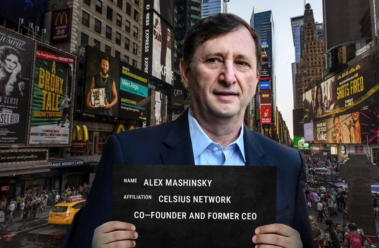 An illustration of Alex Mashinsky with Time Square in the background.