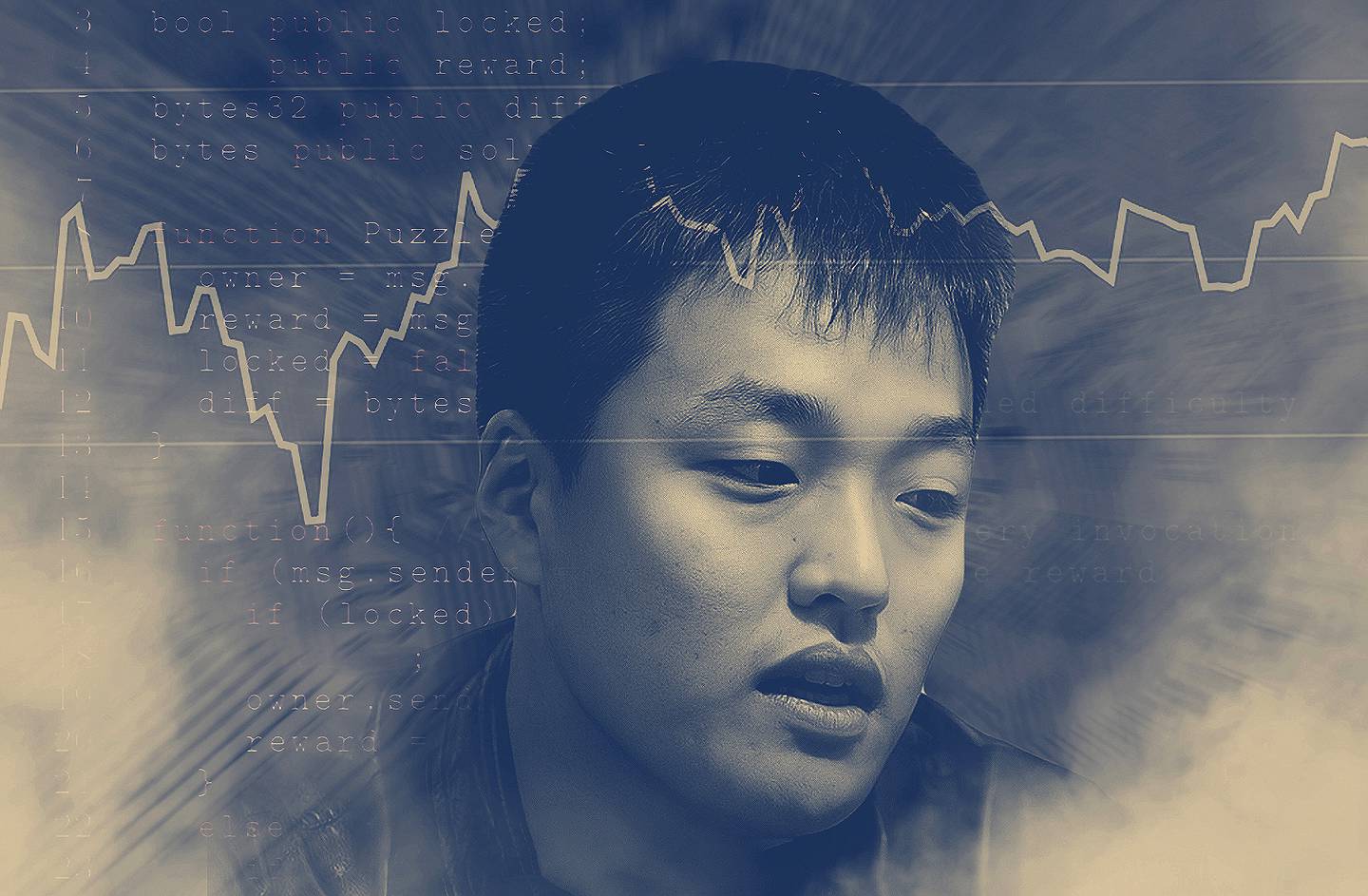 Portrait of Do Kwon with a finance curve and hacking code.