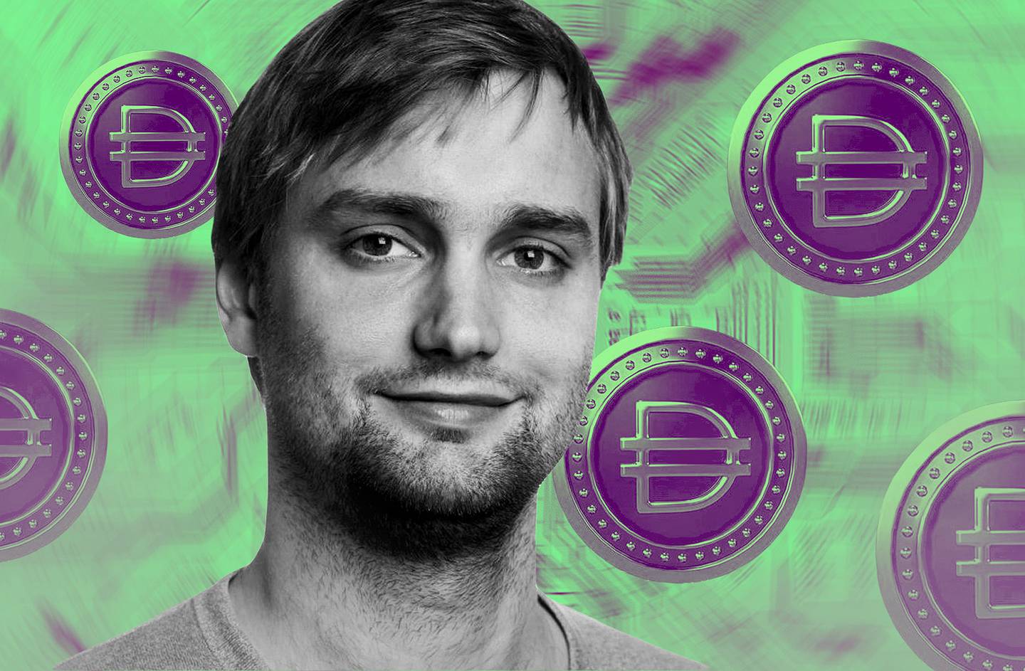 Portrait of Rune Christensen over a background of a blurred circuit board with superimposed Dai stablecoins.
