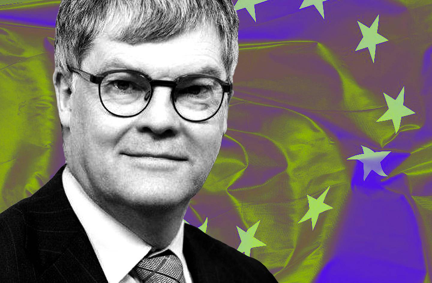 Portrait of Pearse O'donohue over a background of the EU flag.