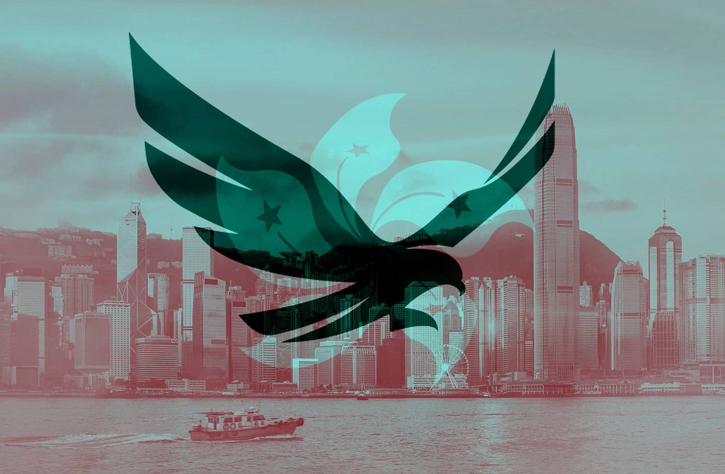 Flag of Hong Kong superimposed onto the Hong Kong Harbour, with the logo of the Securities and Futures Commission.