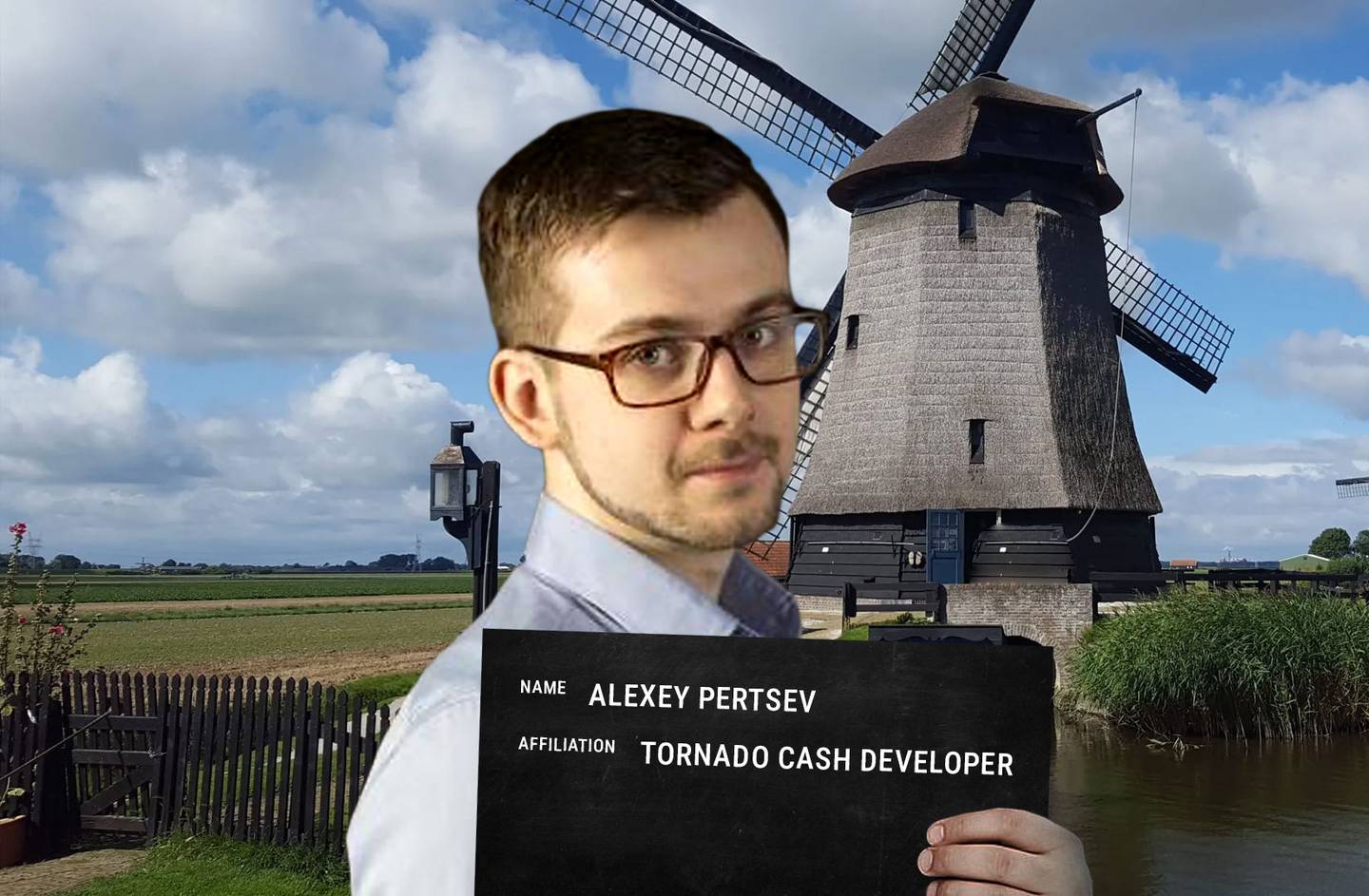 An illustration of Alexey Pertsev with a dutch windmill in the background.