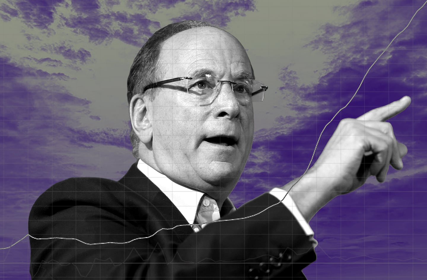 Portrait of Larry Fink with a upward financial curve superimposed and clouds and the background.