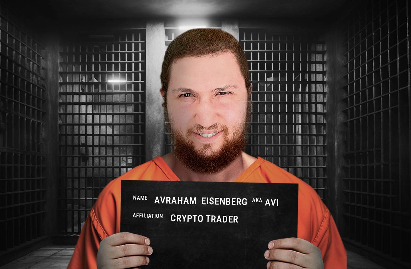 An illustration of Avraham Eiseinberg dressed as a prisoner with a jail background.