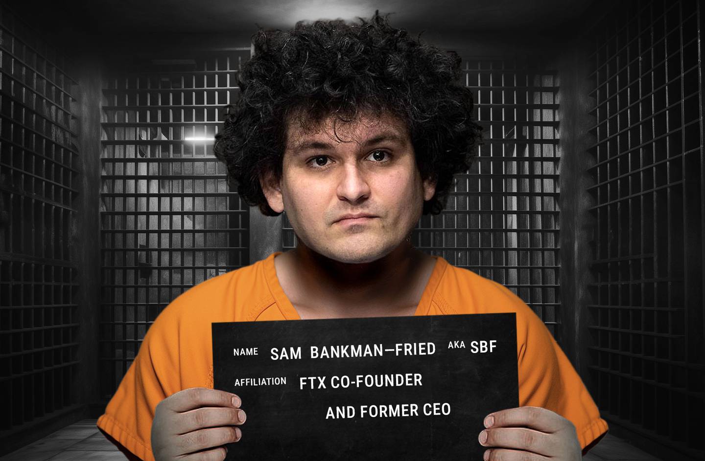 An illustration of Sam Bankman-Fried dressed as a prisoner with a jail background.
