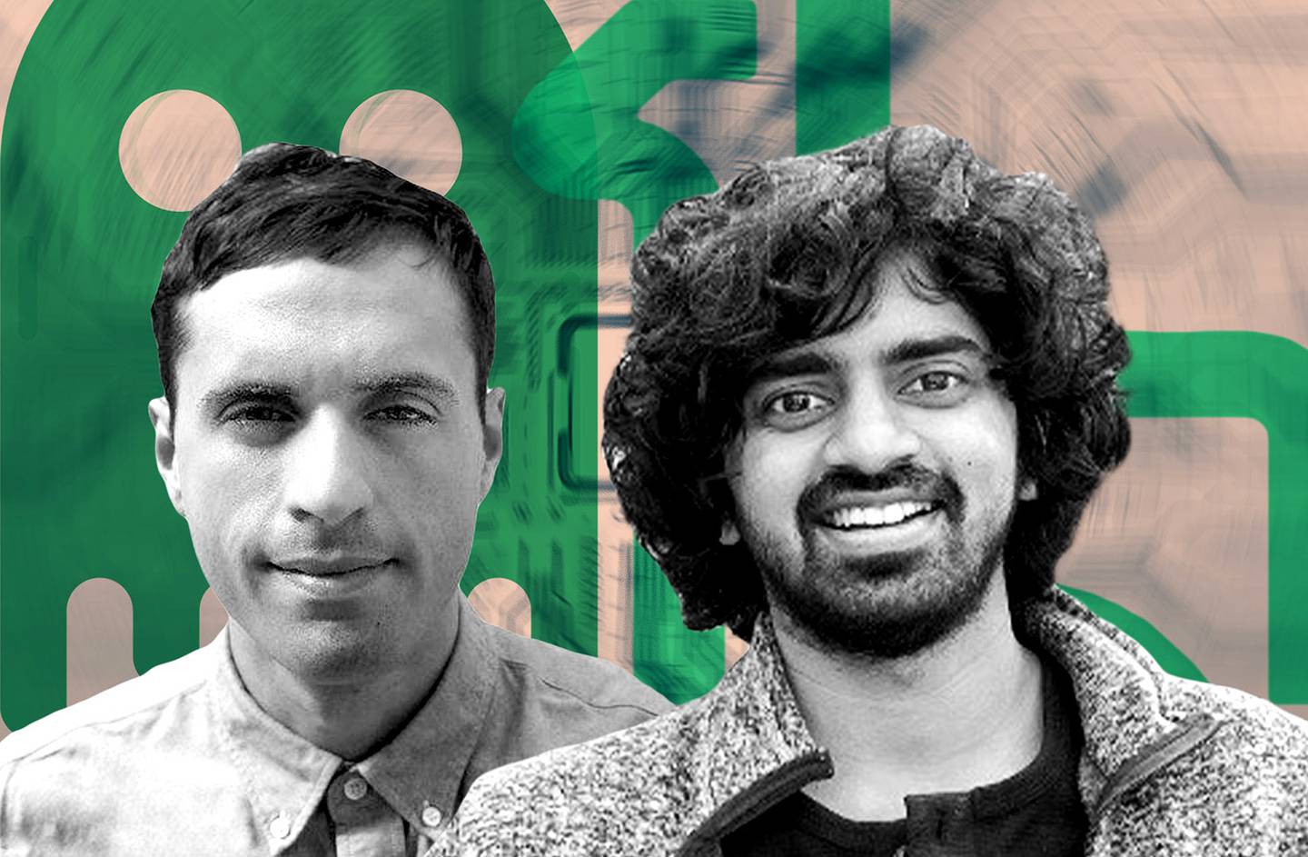 Portrait of Marc Zeller and Shreyas Hariharan, with superimposed Aave and Llama logos on a background of a blurred circuit board.