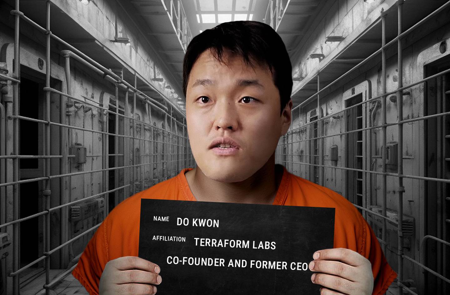 An illustration of Do Kwon dressed as a prisoner with a jail background.
