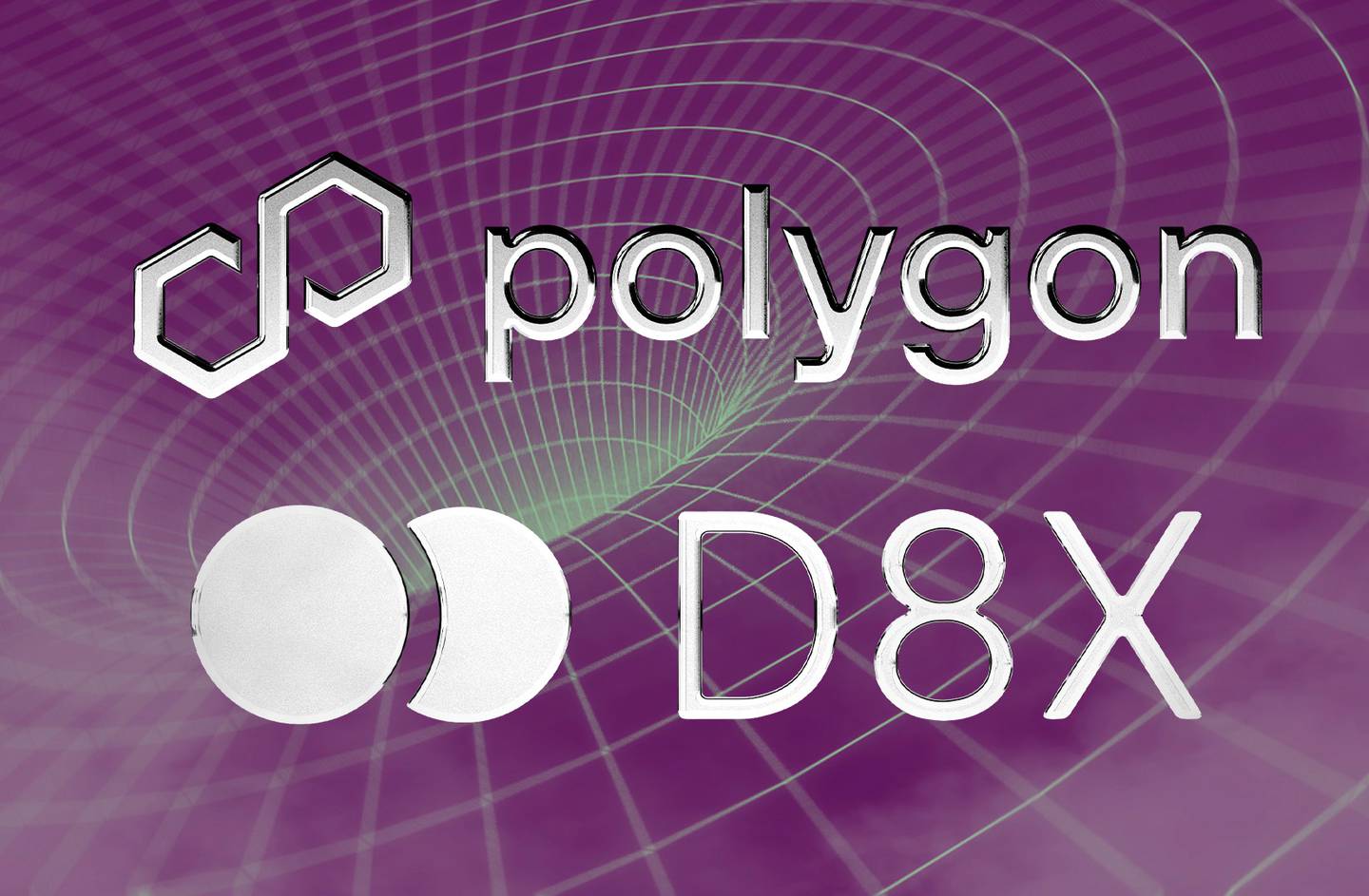 Polygon and D8X logos over a wormhole structure background