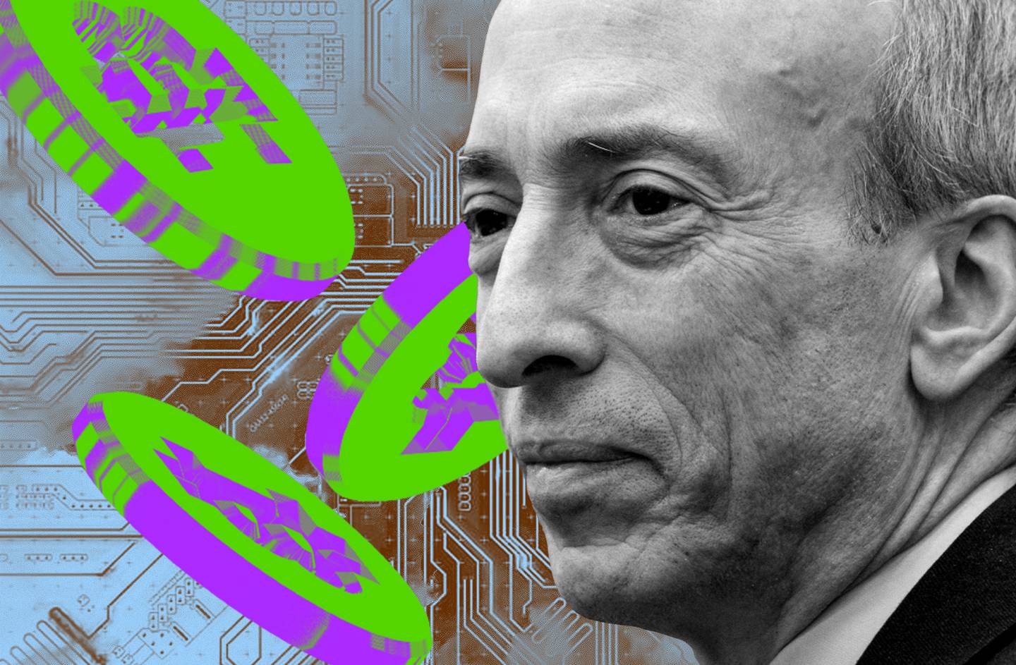 Portrait of Gary Gensler with superimposed Bitcoins over a background of a circuit board.