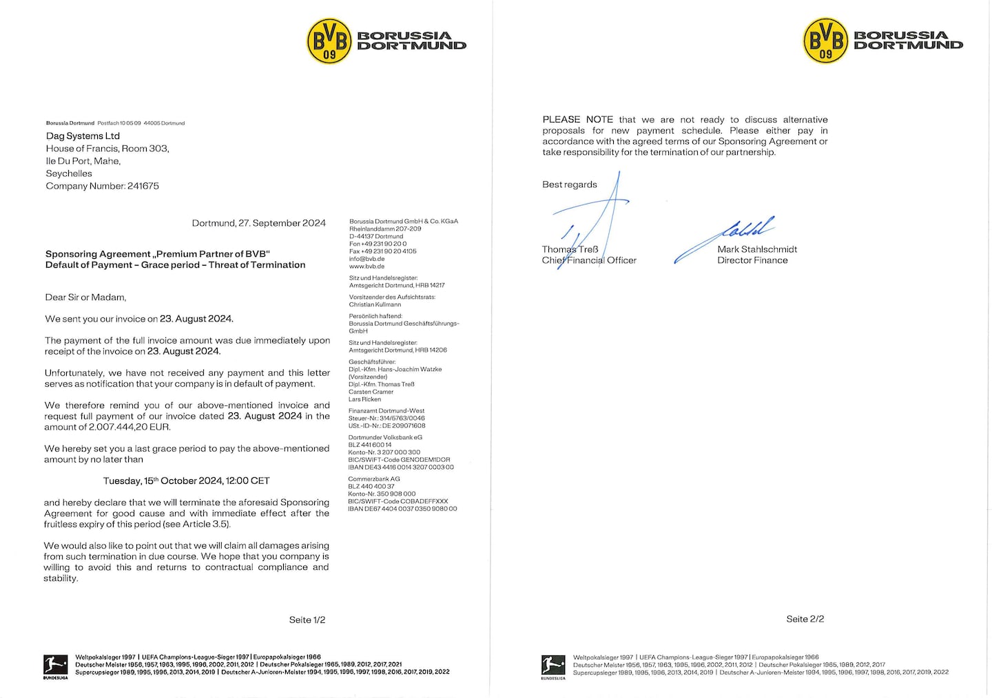 Breach of sponsorship agreement letter from German soccer team, Ballspielverein Borussia 09 e. V. Dortmund, from September 2024. Source: BlockDAG investor.