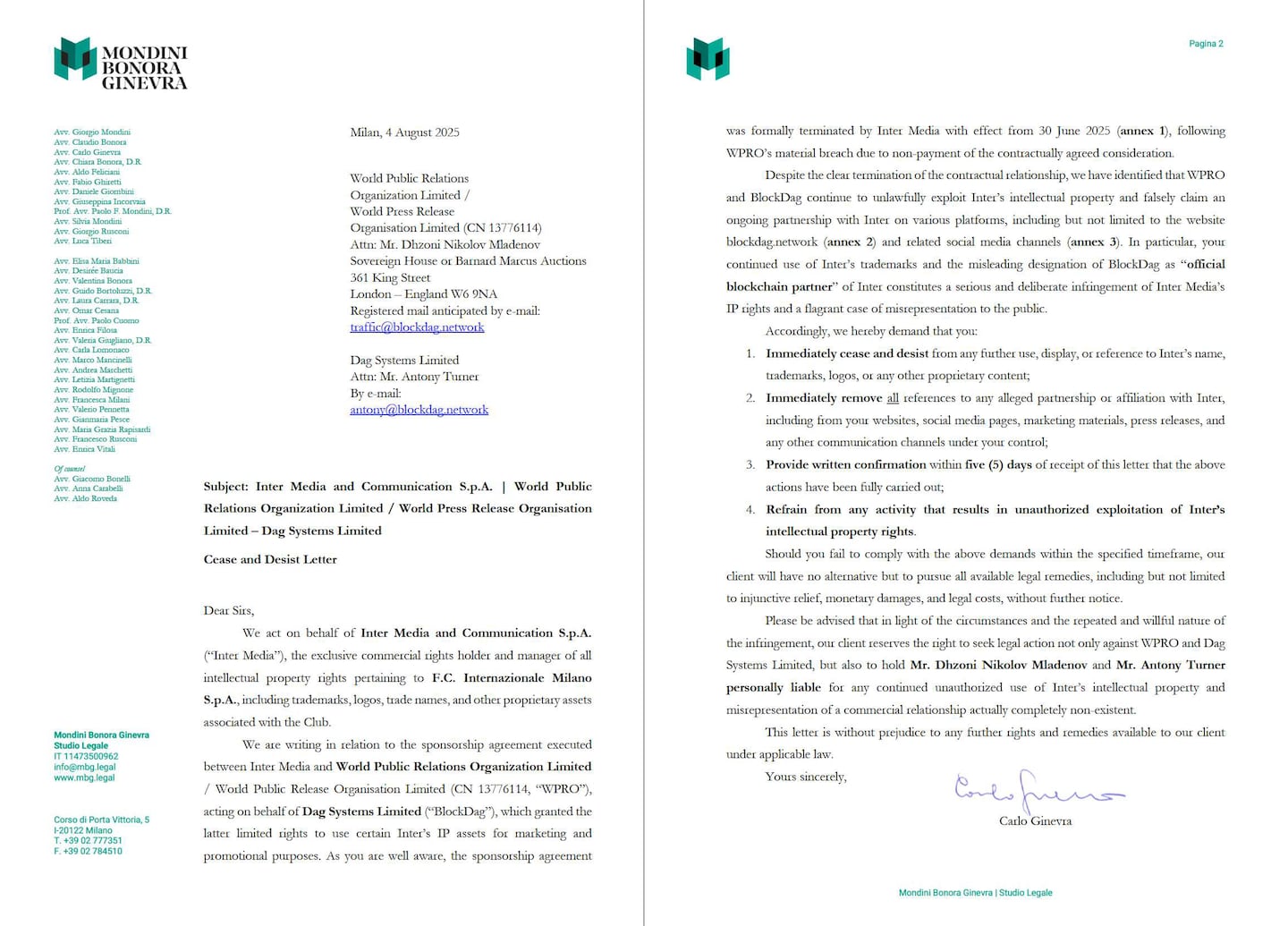 Cease-and-desist letter issued by Inter Media in August 2025. Source: BlockDAG investor.