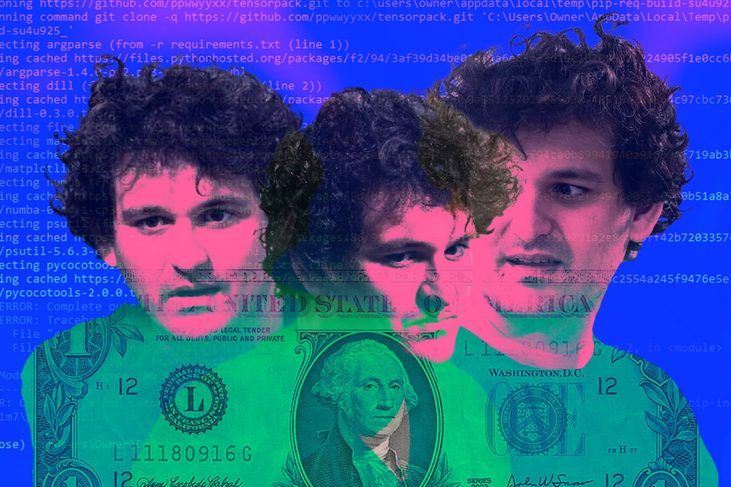 FTX founder and CEO Sam Bankman-Fried with a one-dollar bill in front of him