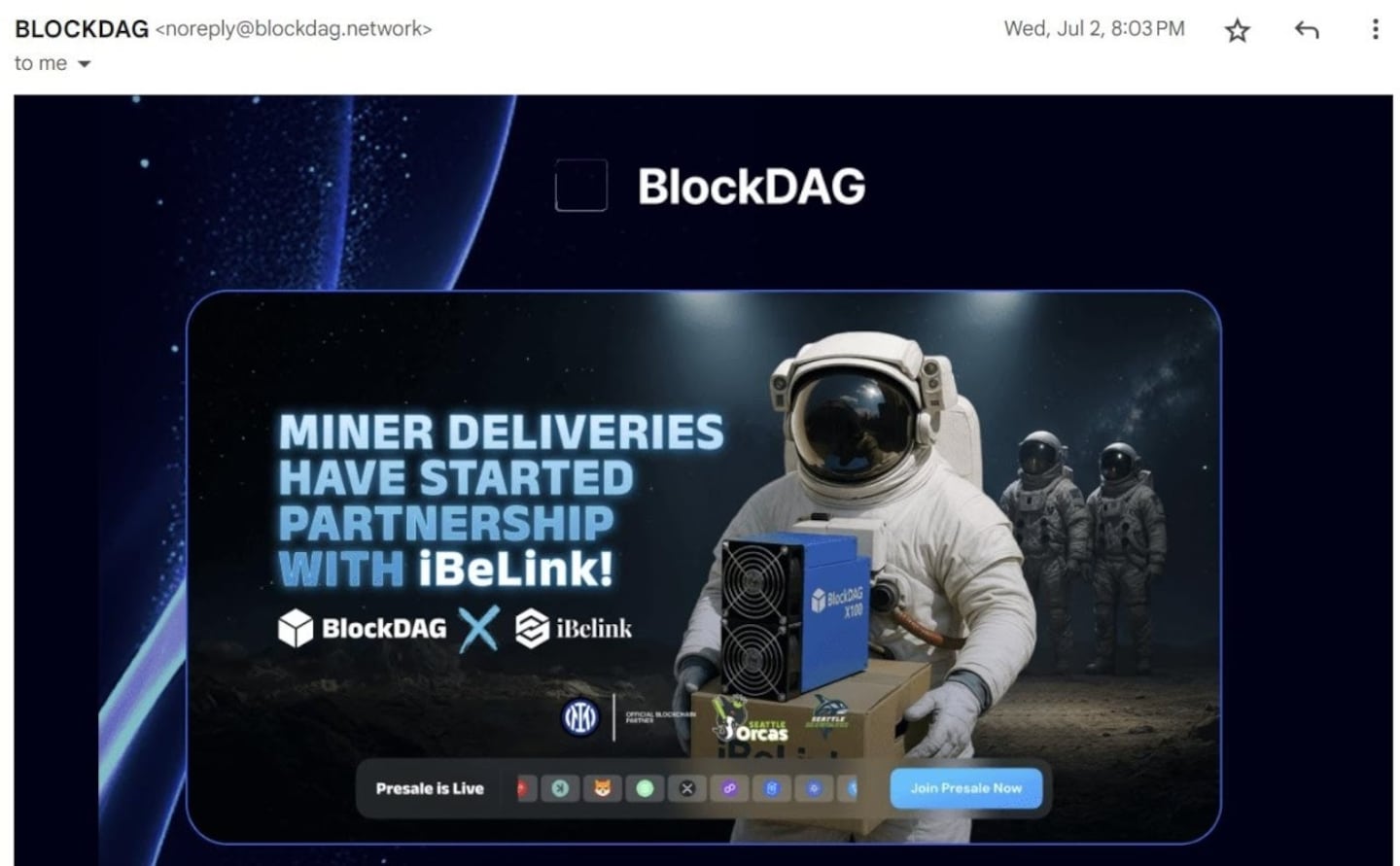 BlockDAG marketing materials from July 2025 feature Inter Milan’s logo and indications that “miner deliveries have started.” Source: BlockDAG investor email.