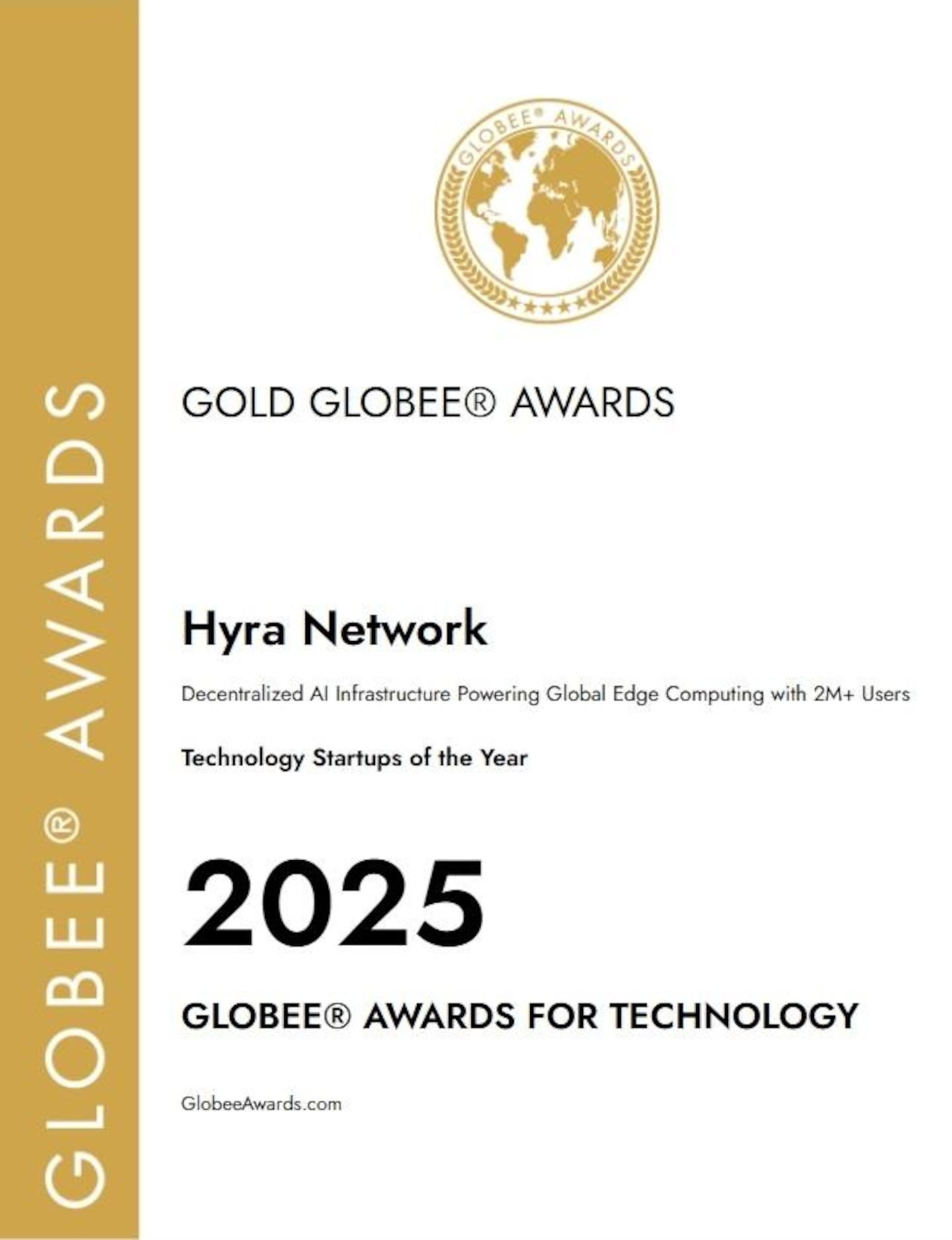 Hyra Network Honored as "Technology Startup of the Year" at the 2025 Globee® Awards
