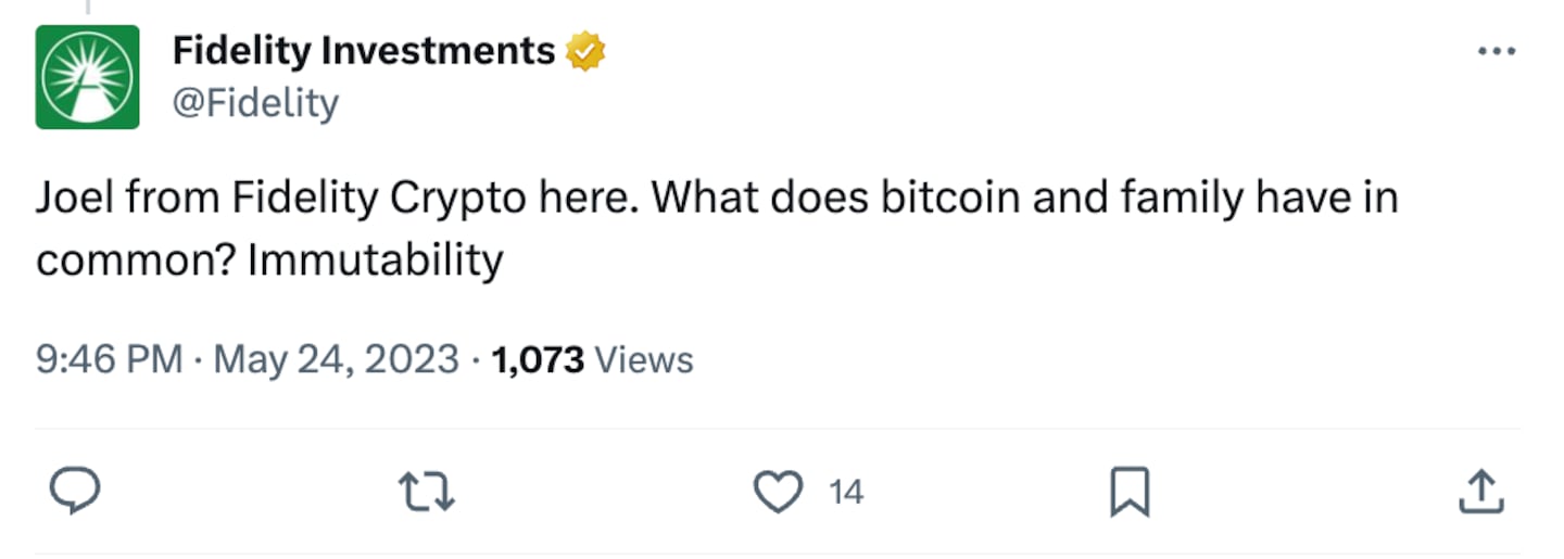 Fidelity Investments posts about Bitcoin's unchangeable nature.