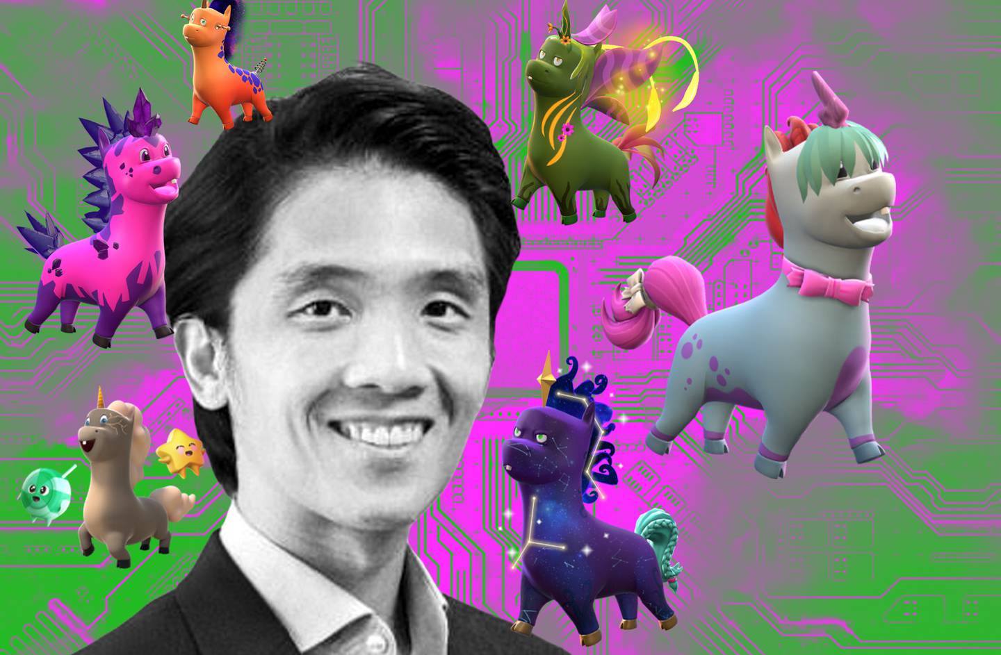 Portrait of Jonathan Huang with game characters dancing around his head, over a background of a circuit board.